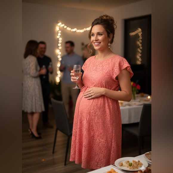 Motherhood Dresses & Skirts - Motherhood Coral Lace Dress with Belt Sz L